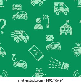 Emergency service, seamless pattern, color, hatching, green, vector. Emergency medical and fire assistance, reference services. Green pictures on a green field. Simulated pencil hatching. 