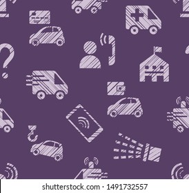 Emergency service, seamless pattern, color, hatching, purple, vector. Emergency medical and fire assistance, reference services. Purple images on purple field. Simulated pencil hatching. 