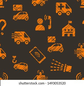 Emergency service, seamless pattern, color, hatching, gray with orange, vector. Emergency medical and fire assistance, reference services. Orange pictures on a gray field. Simulated pencil hatching. 