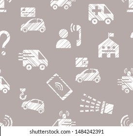 Emergency service, seamless pattern, monochrome, hatching, gray, vector. White icons on a gray field. Imitation of pencil hatching. 