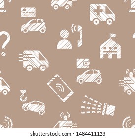 Emergency service, seamless pattern, monochrome, hatching, brown, vector. Emergency medical and fire assistance, reference services. White pictures on a brown field. Imitation of pencil hatching. 