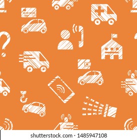 Emergency service, seamless pattern, monochrome, hatching, orange, vector. Emergency medical and fire assistance, reference services. White pictures on the orange field. Simulated pencil hatching. 