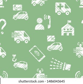Emergency service, seamless pattern, monochrome, hatching, green, vector. Emergency medical and fire assistance, reference services. White pictures on a green field. Imitation of pencil hatching. 