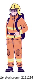 Emergency Service Semi Flat RGB Color Vector Illustration. Female Firefighter Wearing Uniform Isolated Cartoon Character On White Background