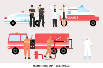 Emergency service teams set isolated. Police officers, firefighters, doctor and nurse. Special vehicles: police and ambulance car, fire truck. Vector character illustration of healthcare, saving live