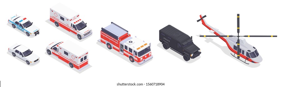 Iconos isométricos de transporte de emergencia colocados con motor de bomberos ambulancia camión helicóptero policial 3d ilustración vectorial aislada