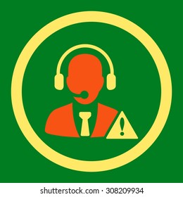 Emergency service vector icon. This rounded flat symbol is drawn with orange and yellow colors on a green background.