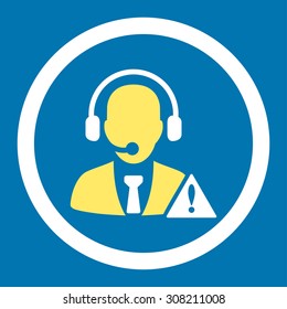 Emergency service vector icon. This rounded flat symbol is drawn with yellow and white colors on a blue background.