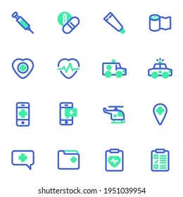 Notdienst-Vektorsymbole Set, moderne Solid-Bicolor-Symbolsammlung, gefülltes Piktogramm-Paket im Stil. Zeichen, Logo-Illustration. Set enthält Symbole wie Krankenwagen, Online-Medizin, mobiler Arzt
