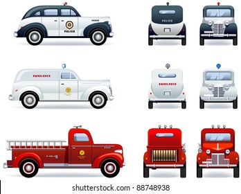 Emergency services (1930-40th). Set of the car icons in vector. The shadows are in the separate layer.

