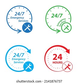 Emergency services 24 hours icon set. Clock, screwdriver and wrench logo. Badge, time, customer, open, assistance, delivery. Flat Vector illustration.
