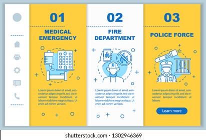 Emergency services app page screen vector template. Police, fire department, medical emergency walkthrough website with linear illustrations. Rescue services. UX,UI, GUI smartphone interface concept