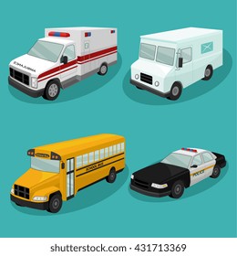 emergency services cars.Vector illustration of different types of automobiles includin Police car, ambulance,school bus,mail bus,postal truck