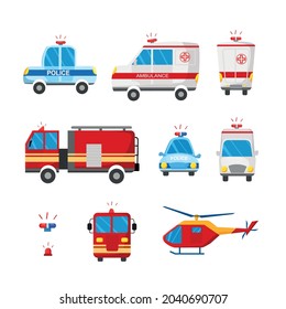 Emergency services. Cartoon vector illustration of ambulance, police car, fire truck.