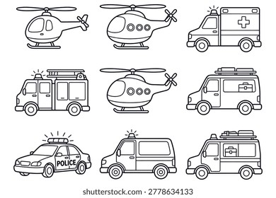 Emergency services collection featuring police, ambulance, and rescue helicopter line art illustrations in monochromatic black and white minimalist style for educational and branding design purposes