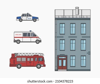 servicio de emergencia, bombero, ambulancia y auto de la policía cerca de una casa de apartamentos, ilustración vectorial plana