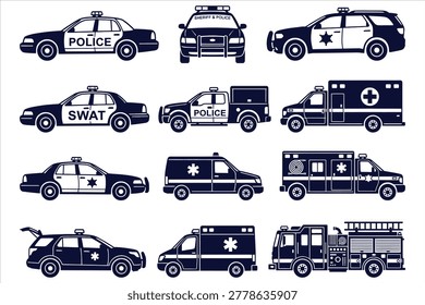 Emergency services fleet collection featuring police cruisers SWAT vehicles ambulances fire trucks in bold navy blue minimalist line art style perfect for safety awareness branding corporate presentations