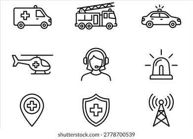 Emergency services icons collection featuring ambulance ambulance-helicopter police car firetruck medical firstaid communication network symbols