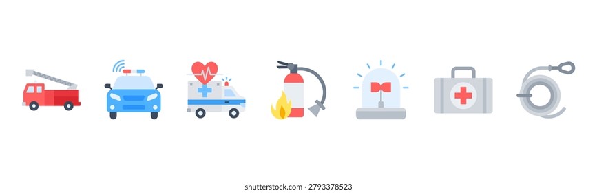 Iconos de los servicios de emergencia con camión de bomberos, coche de policía, ambulancia, extintor de incendios, sirena, botiquín de primeros auxilios, cuerda de rescate.