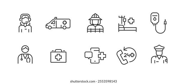 Emergency Services icons. Set of 10 modern minimalist icons dedicated to various emergency situations and responses. Includes symbols for first responders and safety equipment. Vector illustration.