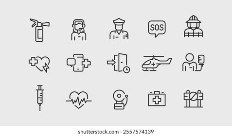 Emergency Services icons. Set of 15 modern minimalist icons dedicated to various emergency situations and responses. Includes symbols for first responders and safety equipment. Vector illustration.