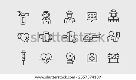 Emergency Services icons. Set of 15 modern minimalist icons dedicated to various emergency situations and responses. Includes symbols for first responders and safety equipment. Vector illustration.