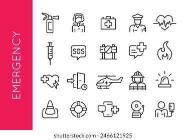 Emergency Services icons. Set of 20 modern minimalist icons dedicated to various emergency situations and responses. Includes symbols for first responders and safety equipment. Vector illustration.