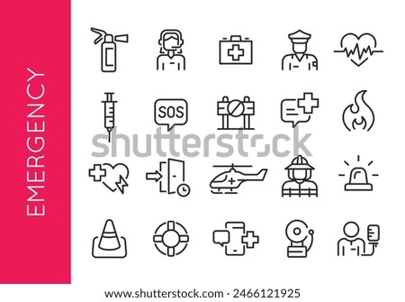 Emergency Services icons. Set of 20 modern minimalist icons dedicated to various emergency situations and responses. Includes symbols for first responders and safety equipment. Vector illustration.