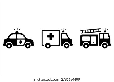 Emergency services icons set featuring police car ambulance and fire truck in bold black and white minimalist line art style