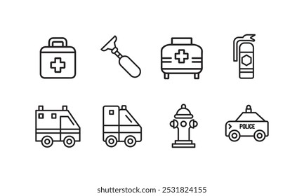 Emergency Services Line Art Icons—Black and White Vector Illustration Set Featuring Ambulance, Fire Hydrant, Police Car, First Aid Kit, and Fire Extinguisher