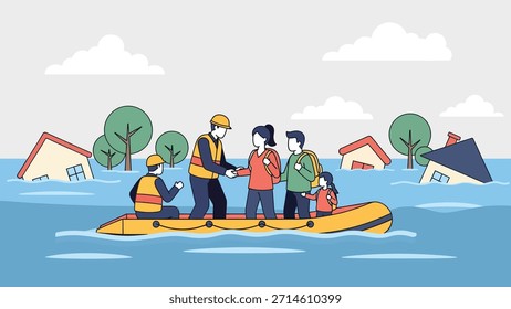 Serviços de emergência realizando um resgate de inundação, ajudando uma família a partir de casas submersas em um barco inflável. Destacar a ajuda comunitária durante as catástrofes naturais	