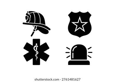 Emergency services and public safety icon set - First responder equipment and symbols collection