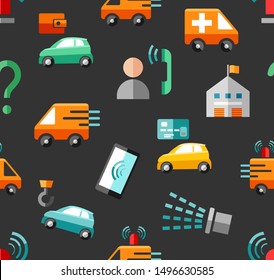 Emergency services, seamless pattern, color, gray, vector. Emergency medical and fire assistance, reference services. Colored icons on a gray field. 
