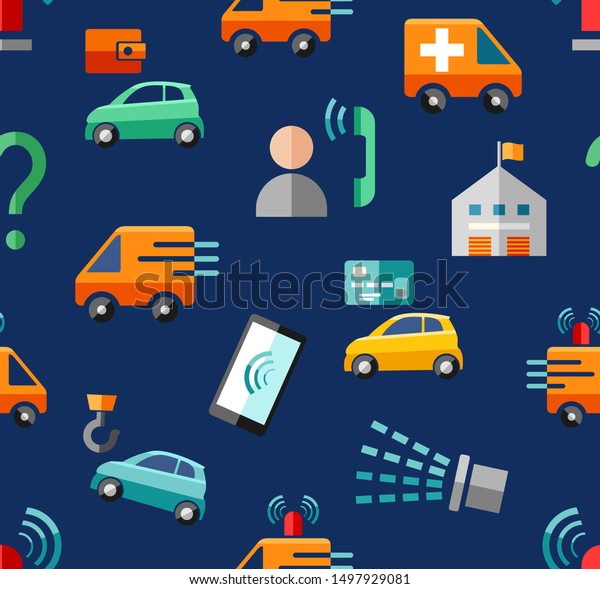 Emergency services, seamless pattern, color,\
blue, vector. Emergency medical and fire assistance, reference\
services. Colored icons on a blue field.\

