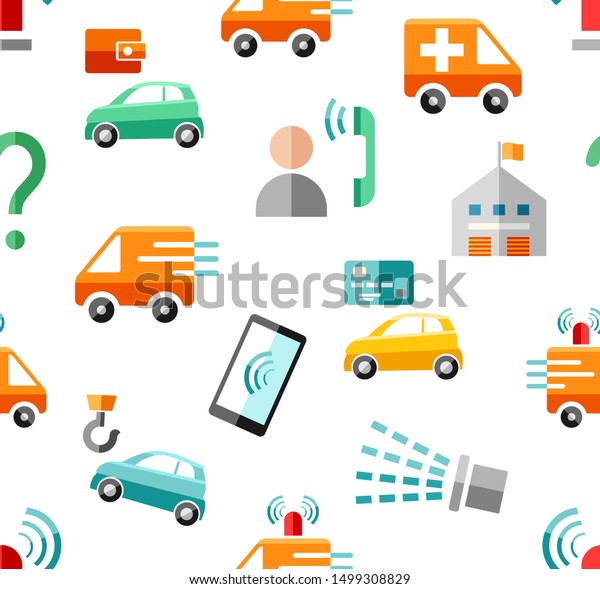 Emergency services, seamless pattern, color,\
white, vector. Emergency medical and fire assistance, reference\
services. Colored icons on a white field.\
