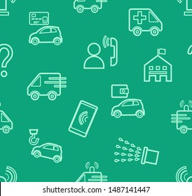 Emergency services, seamless pattern, contour drawing, green, color, flat, vector. Emergency medical and fire assistance, reference services. White pictures on a green field. Thin linear pattern. 