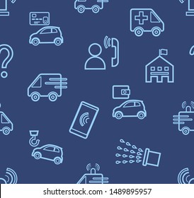 Emergency services, seamless pattern, contour drawing, blue, color, flat, vector.Emergency medical and fire assistance, reference services. Thin linear pattern. Blue pictures on a dark blue field.  