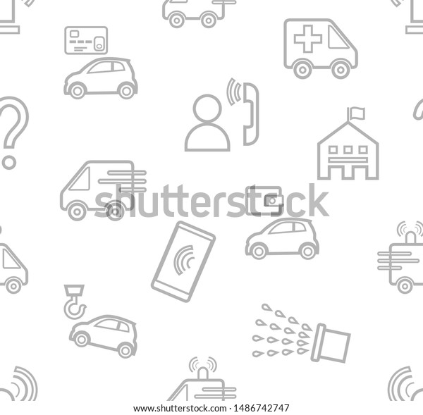 Emergency services, seamless pattern, contour pattern,
white, monochrome, flat, vector. Emergency medical and fire
assistance, reference services. Gray pictures on a white field.
Thin linear pattern.
