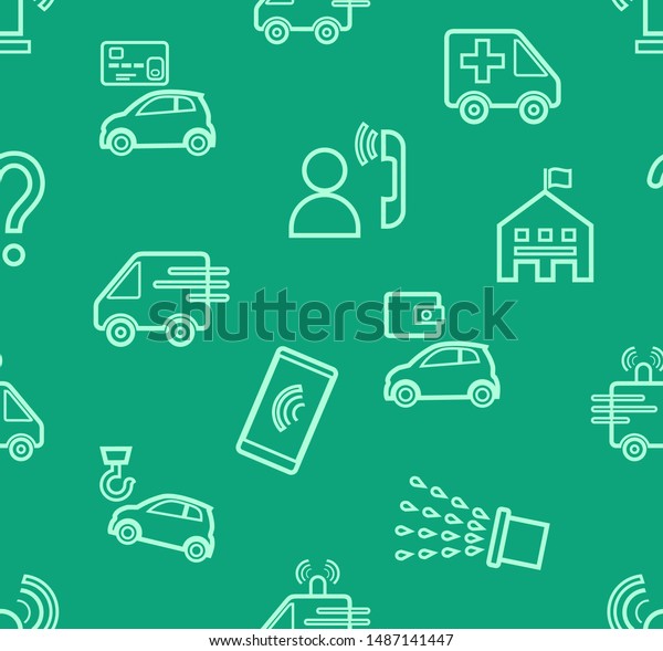 Emergency services, seamless pattern, contour drawing,\
green, color, flat, vector. Emergency medical and fire assistance,\
reference services. White pictures on a green field. Thin linear\
pattern. 