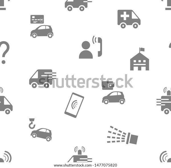 Emergency services, seamless pattern, flat,\
white, vector. Emergency medical and fire assistance, reference\
services. Gray pictures on a white field.\
