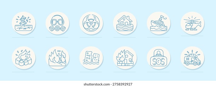 Emergency set icon. Outline pack with oil rig spill, gas mask, biohazard helmet, flooded house, sinking ship, rescue helicopter, fire cubes, wildfire forest, collapsed buildings, burning home