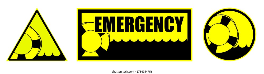 Emergency, set of yellow warning signs with lifebuoy. Help service for drowning, first aid to victims of rest on the water. Isolated vector