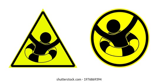 Emergency, set of yellow warning signs with lifebuoy. Help service for drowning, first aid on water. Isolated vector