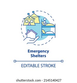 Emergency shelter concept icon. Temporary living space. Way to help refugees abstract idea thin line illustration. Isolated outline drawing. Editable stroke. Arial, Myriad Pro-Bold fonts used