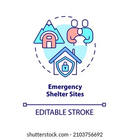 Emergency Shelter Sites Concept Icon. Camp For Refugees. Temporary Housing Abstract Idea Thin Line Illustration. Isolated Outline Drawing. Editable Stroke. Roboto-Medium, Myriad Pro-Bold Fonts Used