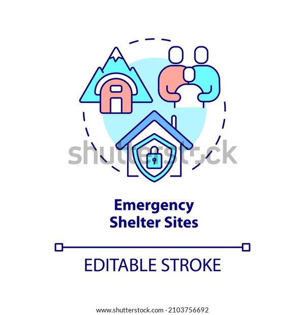 Emergency shelter sites concept icon. Camp for\
refugees. Temporary housing abstract idea thin line illustration.\
Isolated outline drawing. Editable stroke. Roboto-Medium, Myriad\
Pro-Bold fonts used