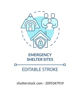 Emergency shelter sites turquoise concept icon. Camp for refugees Survive abstract idea thin line illustration. Isolated outline drawing. Editable stroke. Roboto-Medium, Myriad Pro-Bold fonts used