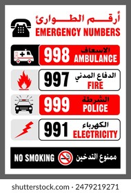 Notstandsschild VAE Vektorillustration, UAE Notfallnummer Zeichen, Krankenwagen, Polizei, Feuerwehr, Stromnummern in Arabisch und Englisch, Arabisches Zeichen Notfallnummer VAE, Rettungszeichen isoliert.