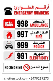 Ilustración vectorial de emergencia de los Emiratos Árabes Unidos, señal del número de emergencia de los Emiratos Árabes Unidos, ambulancia, policía, bomberos, números de electricidad en árabe e inglés, señal árabe número de emergencia de los Emiratos Árabes Unidos, señal de rescate aislado.