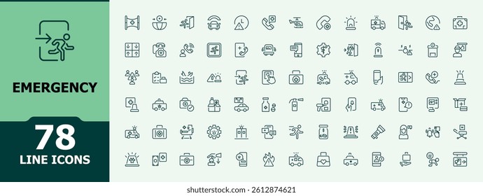 Emergency simple icon set. Contain linear sign danger, urgent, attention, critical, equipment and more. Trendy minimal icons. Urgency line icon. Editable vector stroke.